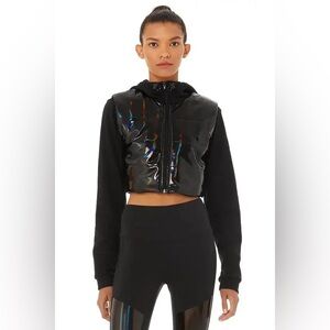 ALO Yoga Black Cropped Hooded Bomber Galaxy Jacket with Glossy Panel